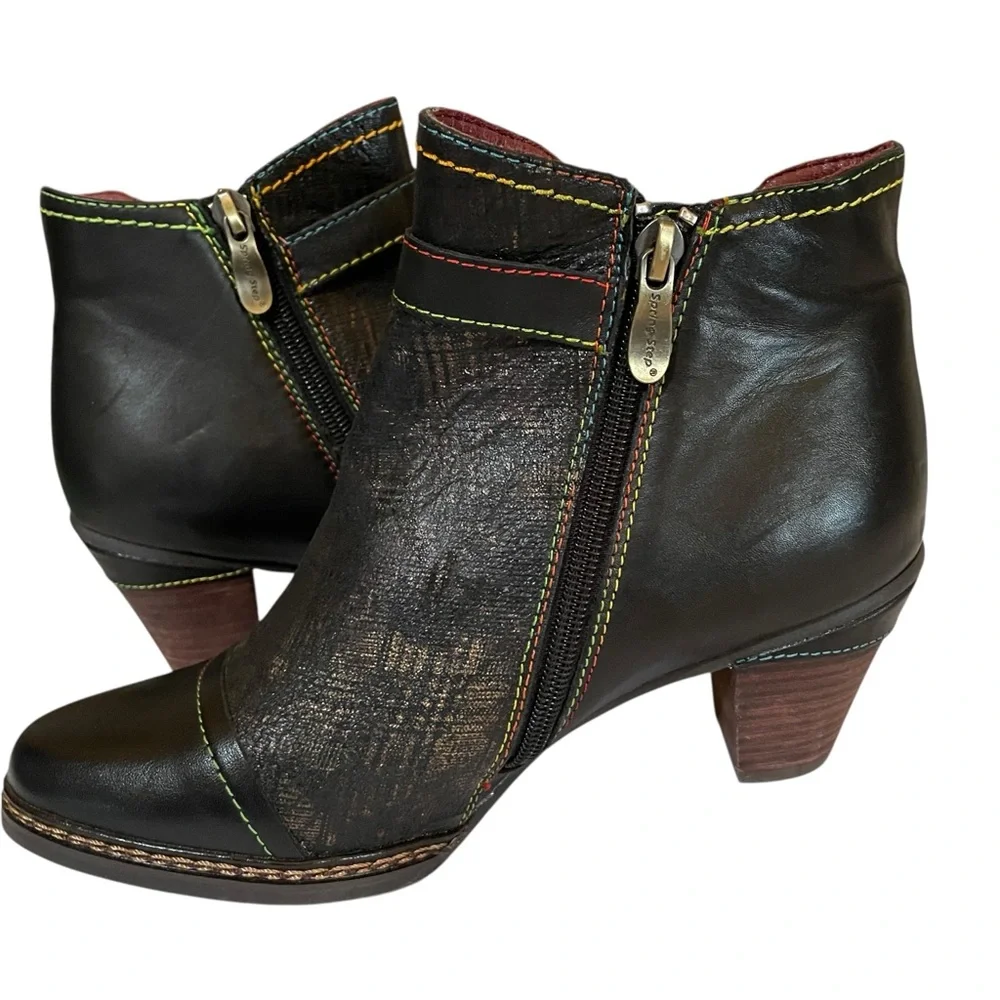 Women's L'Artiste Captivate - Black Leather Multi Color Stitching Size 7.5 EU 38